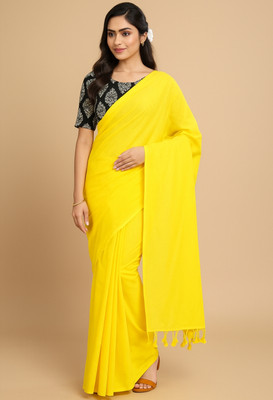 SMRITI HANDLOOM Solid/Plain Handloom Handloom Pure Cotton Saree(Yellow)