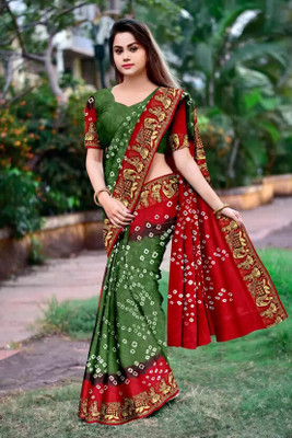 rajranitextiles Hand Painted Bandhani Georgette Saree(Red)