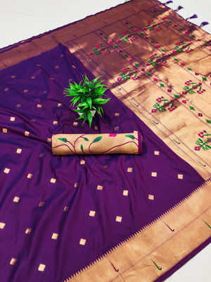 PANZORA Woven Paithani Cotton Silk Saree(Purple)