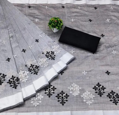 valida Embroidered Chanderi Cotton Linen Saree(Grey)