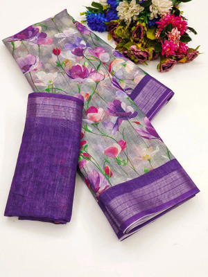Myraani Floral Print Daily Wear Cotton Linen Saree(Purple)