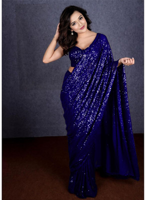 HEMLATA ENTERPRISE Embroidered, Embellished Bollywood Georgette Saree(Blue)