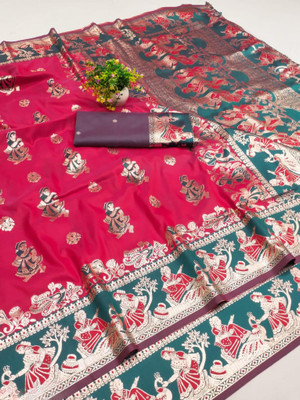 Ratnavali Woven Baluchari Silk Blend, Art Silk Saree(Pink)