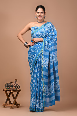 COTTON MULMUL STORE Printed, Blocked Printed, Hand Painted, Floral Print Daily Wear Pure Cotton Saree(Blue)