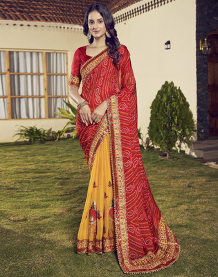 Satrani Embroidered, Embellished, Printed Bandhani Chiffon Saree(Red, Yellow, Multicolor)