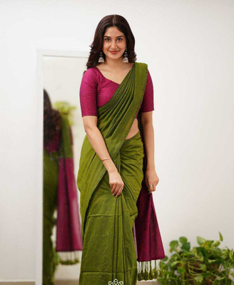 ACHOL Solid/Plain Handloom Pure Cotton Saree(Light Green)