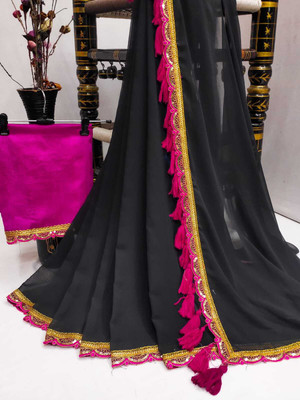 TANVIR Embellished Saree with Attached Blouse Georgette Saree(Green)