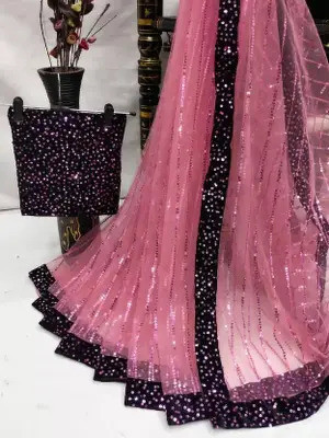 RUCHKET Embroidered Bollywood Net Saree(Pink)