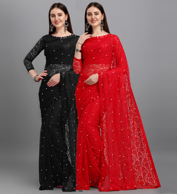 LOROFY Self Design Bollywood Net, Brasso Saree(Pack of 2, Red, Black)