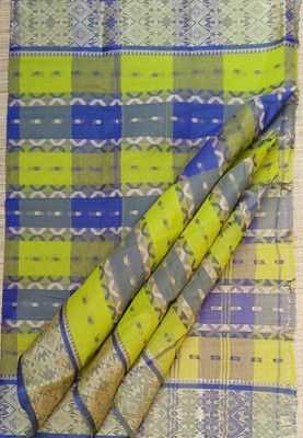 PRANATI ENTERPRISE Printed Tant Cotton Blend Saree(Green, Dark Blue)