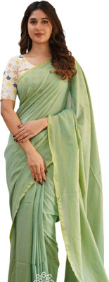 Vayu Solid/Plain Handloom Cotton Blend Saree(Light Green)