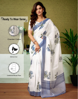 Satrani Floral Print, Geometric Print, Printed Sambalpuri Chanderi, Cotton Blend Saree(White)