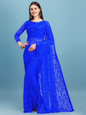 LOROFY Self Design Lucknow Chikankari Net Saree(Blue)