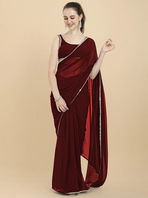 FORKEY Solid/Plain, Self Design, Embellished Bollywood Georgette Saree(Maroon)