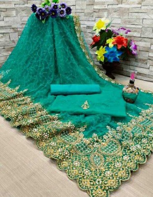 KHRITI FAB Embroidered Bollywood Net Saree(Green)