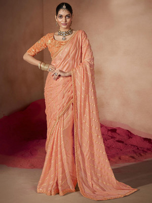 Tasrika Embellished Bollywood Chiffon Saree(Orange, Pink)