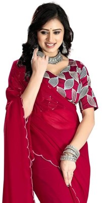 The Fashion Tax Solid/Plain Bollywood Georgette Saree(Red)