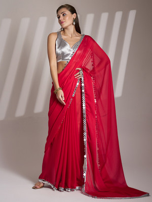 Kalista Embellished, Solid/Plain Bollywood Chiffon Saree(Red)