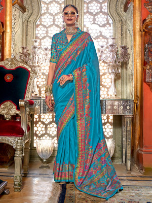 Sareemall Printed Banarasi Silk Blend Saree(Light Blue)