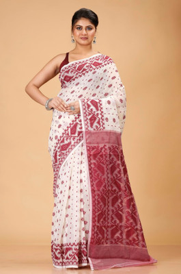 Revival Printed Jamdani Cotton Blend Saree(White, Maroon)