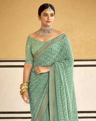 SIRIL Embroidered, Embellished Bandhani Georgette Saree(Green)