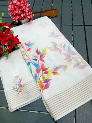 PRTRENDZ Printed Kanjivaram Chanderi, Cotton Silk Saree(White)