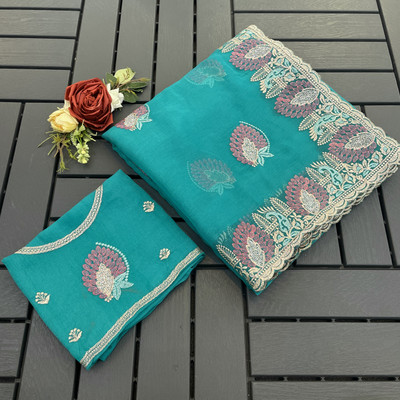 Radheradhey Embroidered Bollywood Silk Blend Saree(Light Blue)