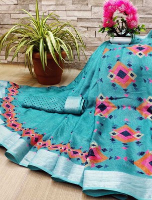 PHORIYA STYLE Printed Assam Silk Jute Silk, Linen Saree(Light Blue)