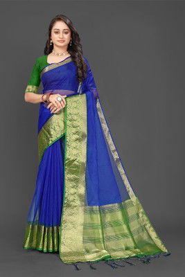Aarunika IC Solid/Plain, Woven Bollywood Organza Saree(Blue, Green)