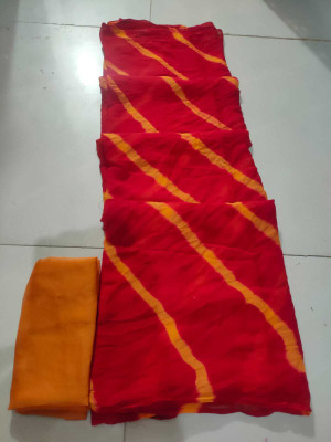 Lambu Fashion Solid/Plain Leheria Chiffon Saree(Red)