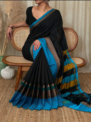 Ramkrishna Creation Solid/Plain Handloom Cotton Blend Saree(Black)