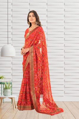 Mugdarra Printed Bandhani Georgette Saree(Red)