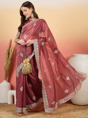 Sangria Embroidered Saree with Attached Blouse Silk Blend Saree(Pink)