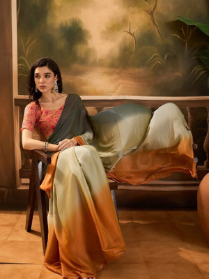 Vichitra Solid/Plain Bollywood Silk Blend Saree(Mustard)