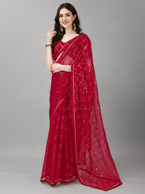 EthnicClick Embroidered, Embellished Bollywood Net Saree(Maroon)