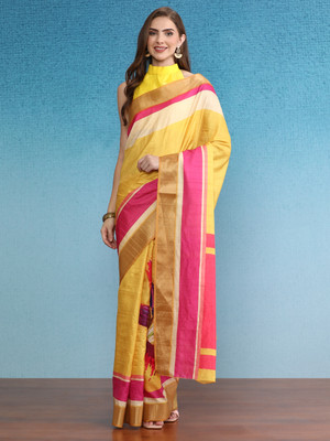 SILK ZONE Digital Print Banarasi Tussar Silk Saree(Mustard)