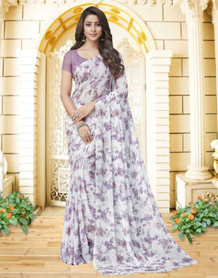 Satrani Floral Print Daily Wear Chiffon Saree(White, Purple)