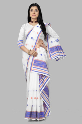 VEPEX Printed Mekhela Chador Silk Blend Saree(White)