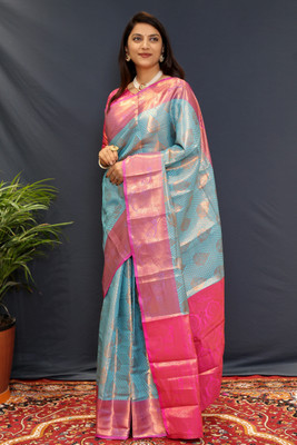 ALPENIKA Embellished Kanjivaram Jacquard, Silk Blend Saree(Light Blue, Pink)