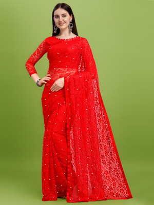 LOROFY Self Design Bollywood Net Saree(Red)