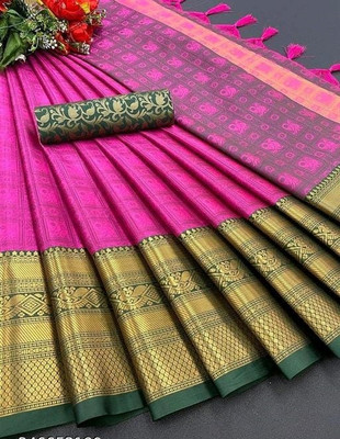 Juhi Collection Woven Kanjivaram Cotton Silk Saree(Pink, Green)