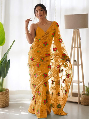 ANOUK Embroidered Daily Wear Net Saree(Mustard)
