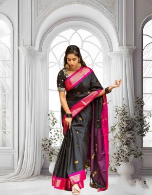 Hashir textile Temple Border Paithani Cotton Silk Saree(Black)