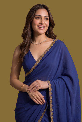 ShivFashionMart Self Design Bollywood Silk Blend Saree(Blue)