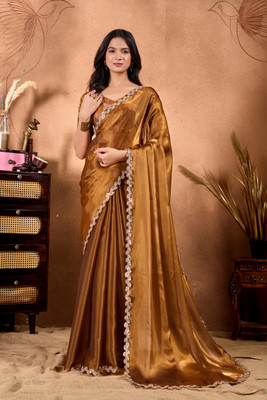 NQUEEN Solid/Plain Bollywood Jimmy choo Saree(Brown)