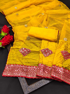 Kanooda Prints Embroidered Kota Doria Net Saree(Multicolor)