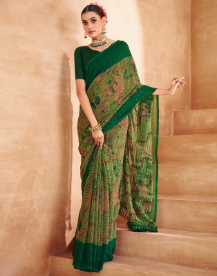 Samah Printed, Embellished, Woven Bollywood Chiffon, Georgette Saree(Dark Green, Light Green)