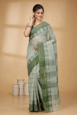 DipDiya Self Design Tant Pure Cotton Saree(Dark Green)