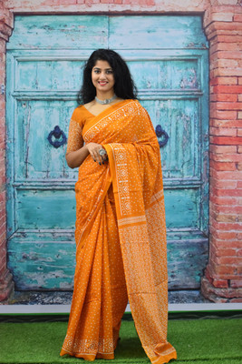 COTTON RK FABRICO WORD Printed, Blocked Printed, Hand Painted Daily Wear Pure Cotton Saree(Yellow)