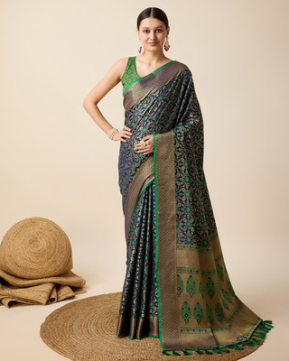 VM Selling Hub Woven, Self Design Patola Pure Silk Saree(Dark Blue)
